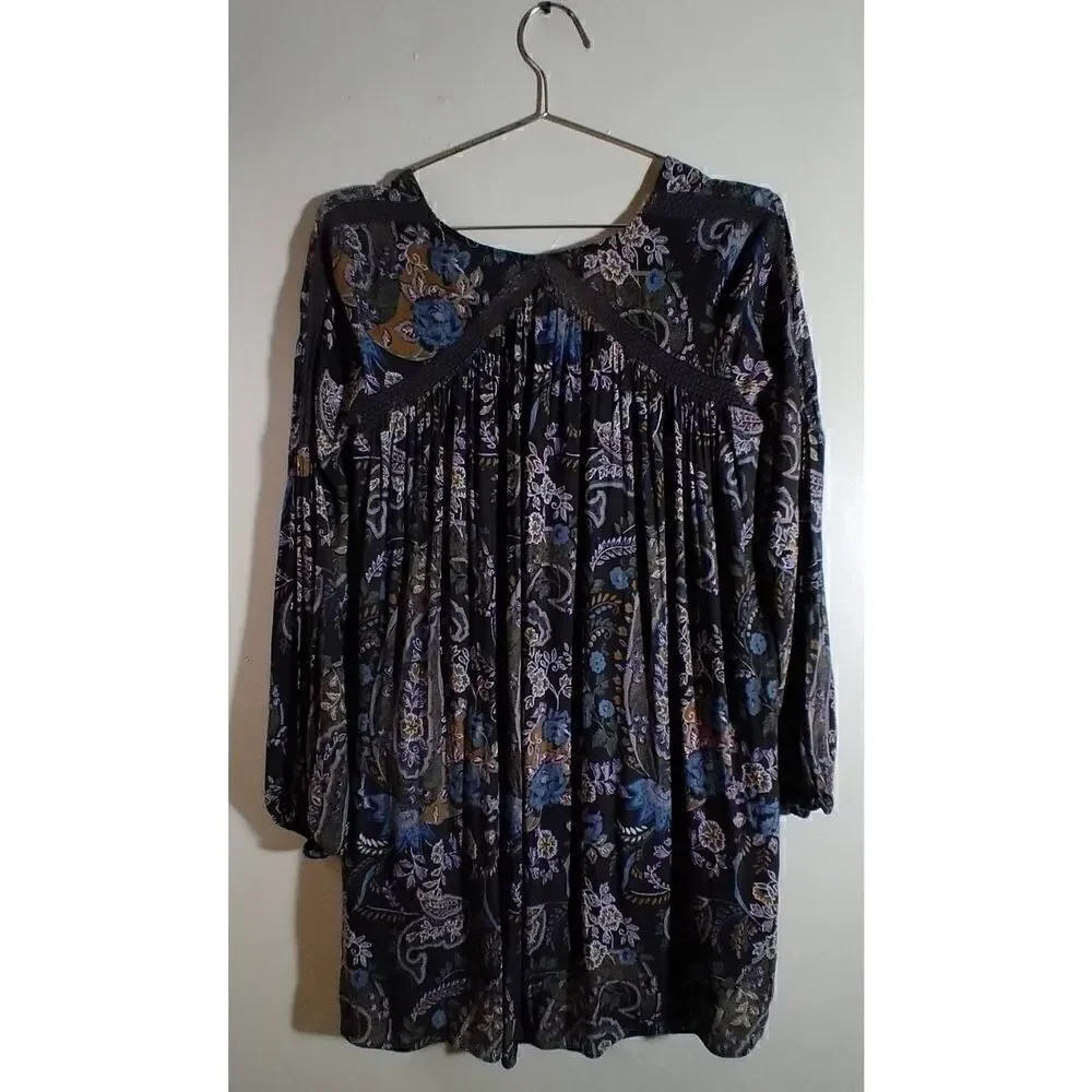 Free People Flowy XS Mini Dress Deep V Neck Tunic Paisley Print Grey Blue